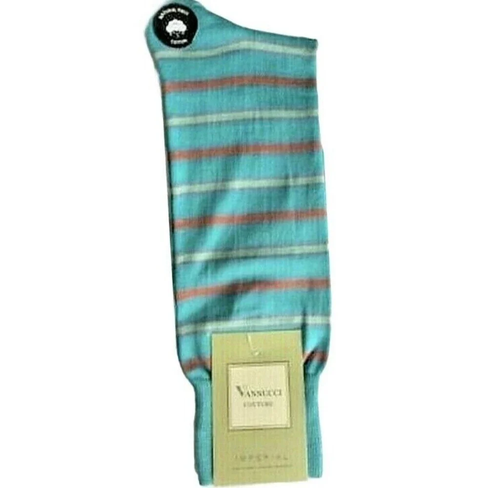 Vannucci Mens Dress Socks Sz 10-13 Aqua Sage Cool Color Stripes Funky Pattern